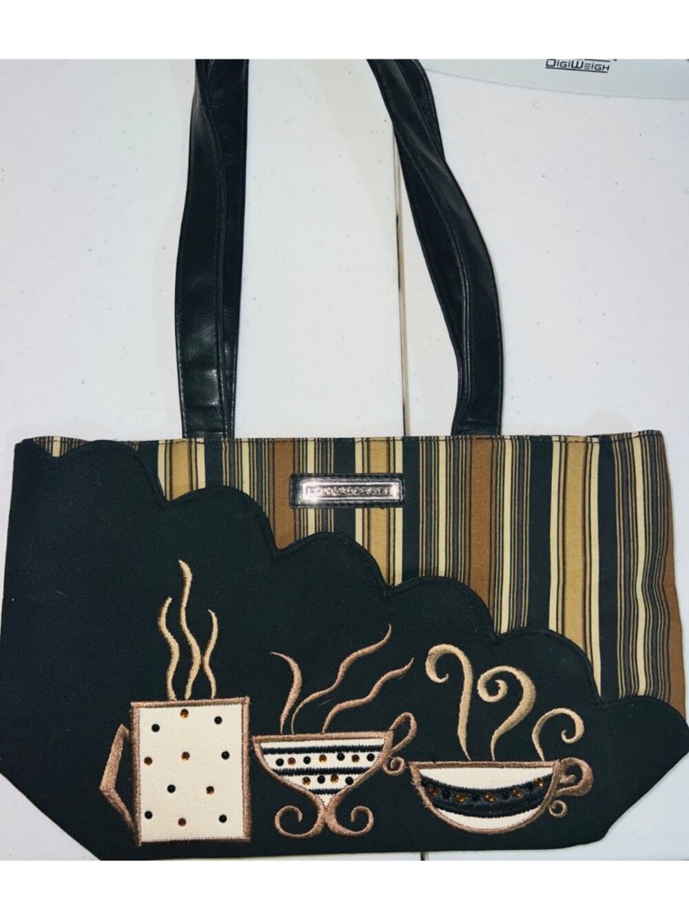 Longaberger Tote Bag Fabric & Faux Leather Striped Multicolor Coffee Cup Design